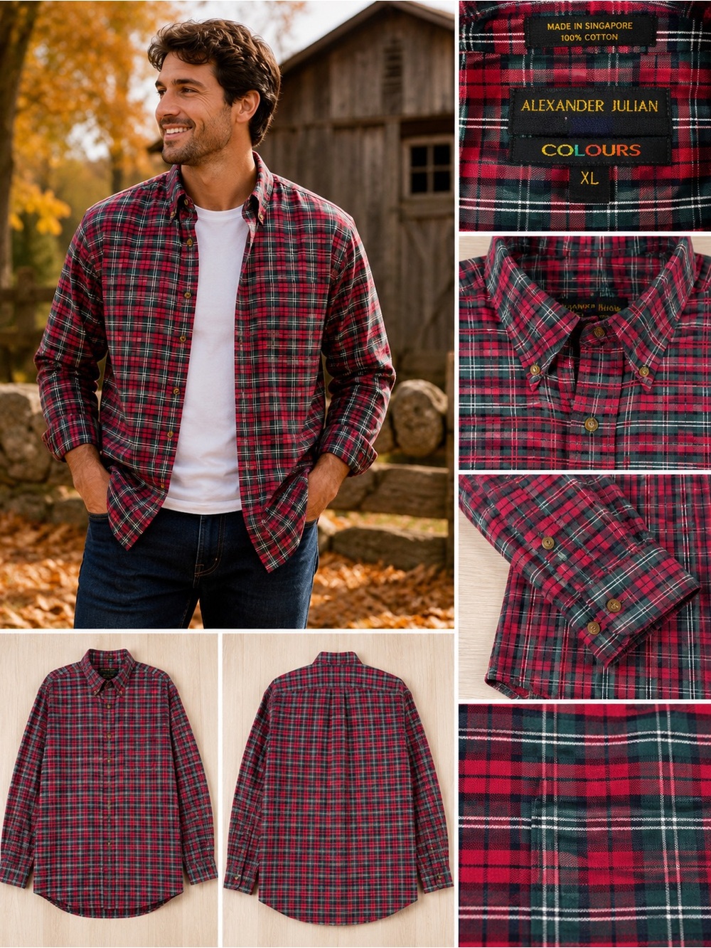 Alexander Julian Colours‎ XL Red Green Plaid Button Down Shirt 100% Cotton
